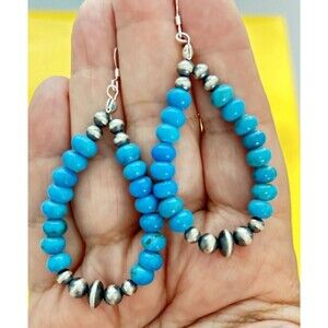Sleeping Beauty Turquoise Teardrop Earrings w/ 9 Silver Navajo Pearls - Gift Box
